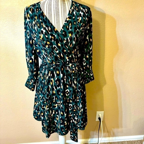 Express Dresses & Skirts - Express Dress Small Olive Green Animal Print Black Mustard Cream Mini Faux Wrap